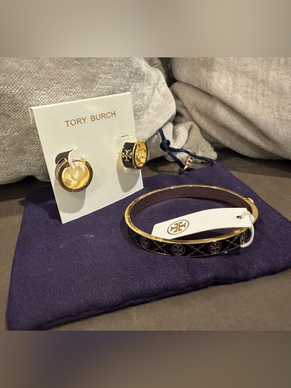 Tory Burch Gold Tone/Black Logo Bracelet with Matching Huggie Hoop Earrings